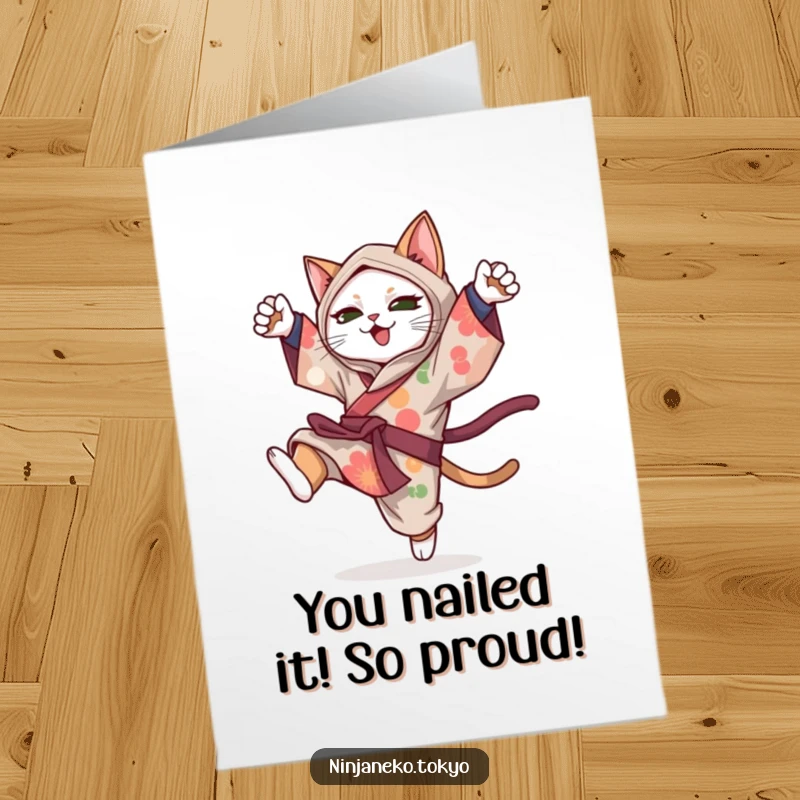 Funny Free Printable Ninja Cat Congratulations Card: A ninja cat in a kimono performs an epic, joyful somersault, celebrating success.