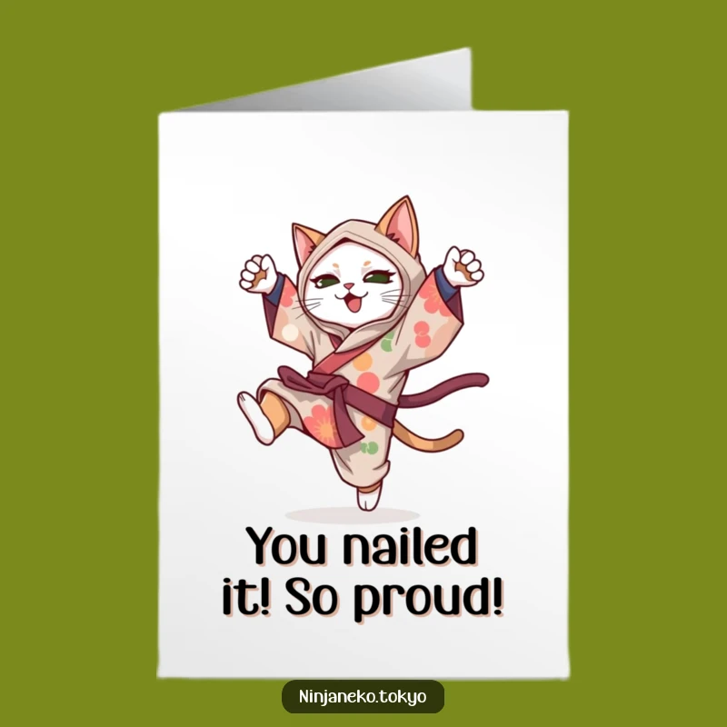Free Printable Ninja Cat Congrats Card: Acrobat Feline Success Celebration Downloadable