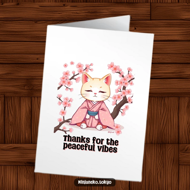 Elegant Free Printable Thank You Card: A cat in a kimono meditating peacefully, surrounded by cherry blossoms.