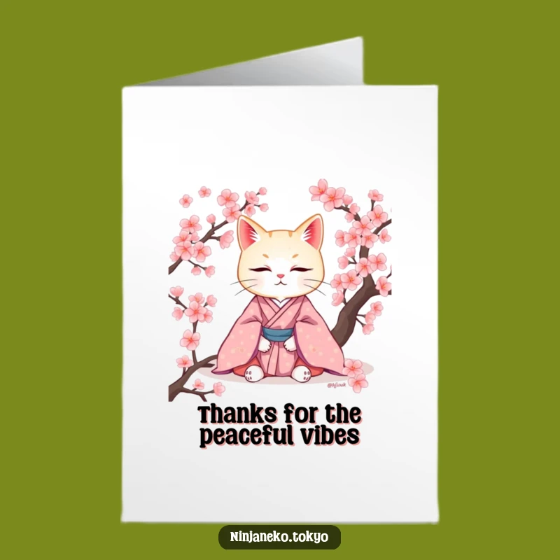 Calm Free Printable Thank You Card: Zen Cat, Cherry Blossoms, Downloadable Art