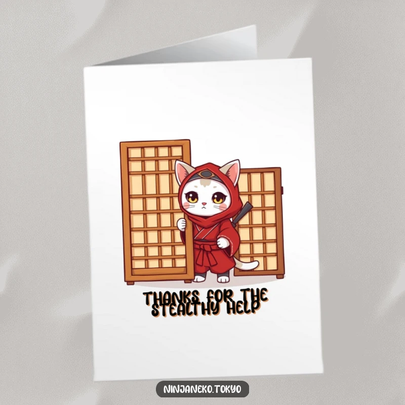 Funny Free Printable Ninja Cat Thank You Card, a ninja cat in a red kimono offering a discreet bow of thanks.