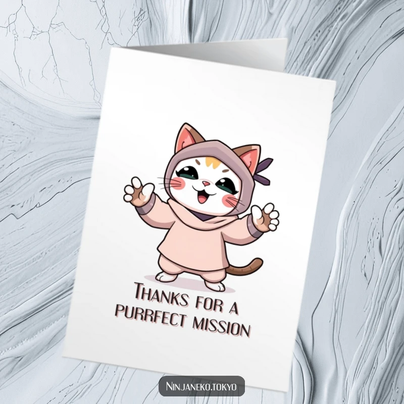Funny Free Printable Ninja Cat Thank You Card: A stealthy cat giving thanks, a downloadable giggle for your appreciation.