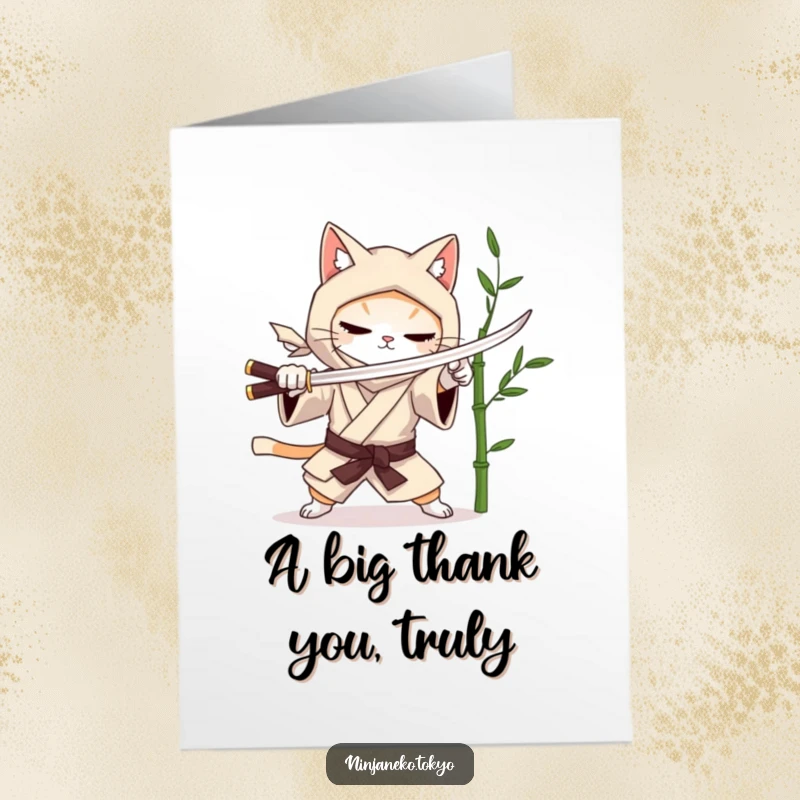 Funny Free Printable Thank You Card: Elegant ninja cat in a kimono engaging in mock sword practice, conveying thanks with a serene smile.