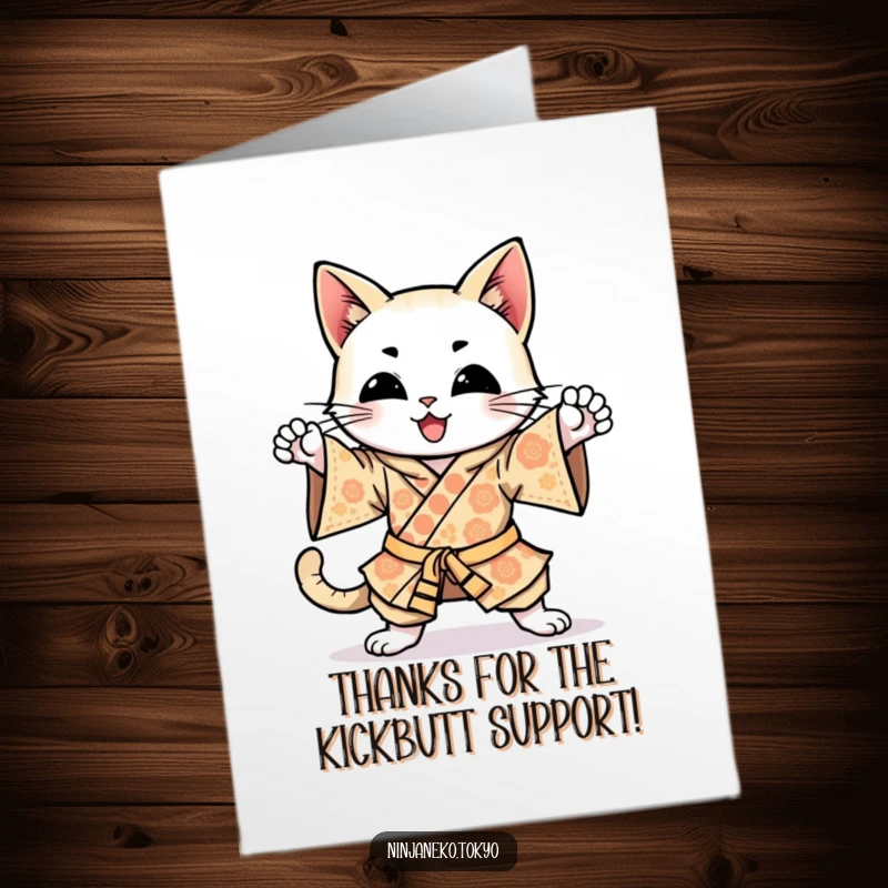 Funny Free Printable Ninja Cat Thank You Card featuring a cat in a kimono performing enthusiastic ninja kicks.