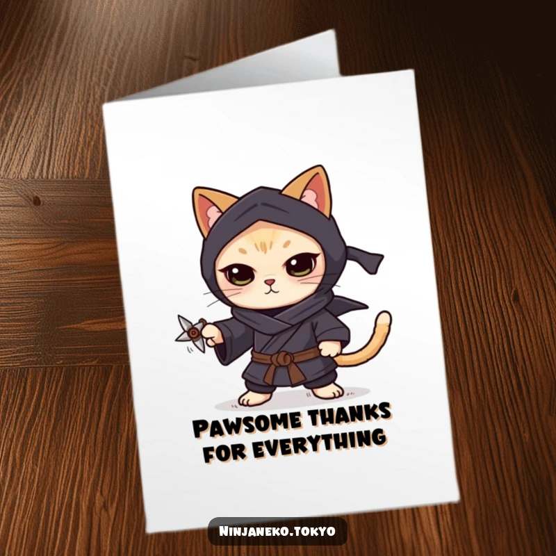 Funny Free Printable Ninja Cat Thank You Card showing a focused cat balancing a tiny shuriken on its paw.