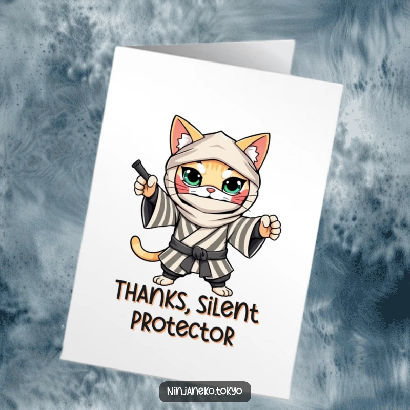 Funny Free Printable Thank You Card: A ninja cat in a striped kimono striking a determined pose, showing appreciation.