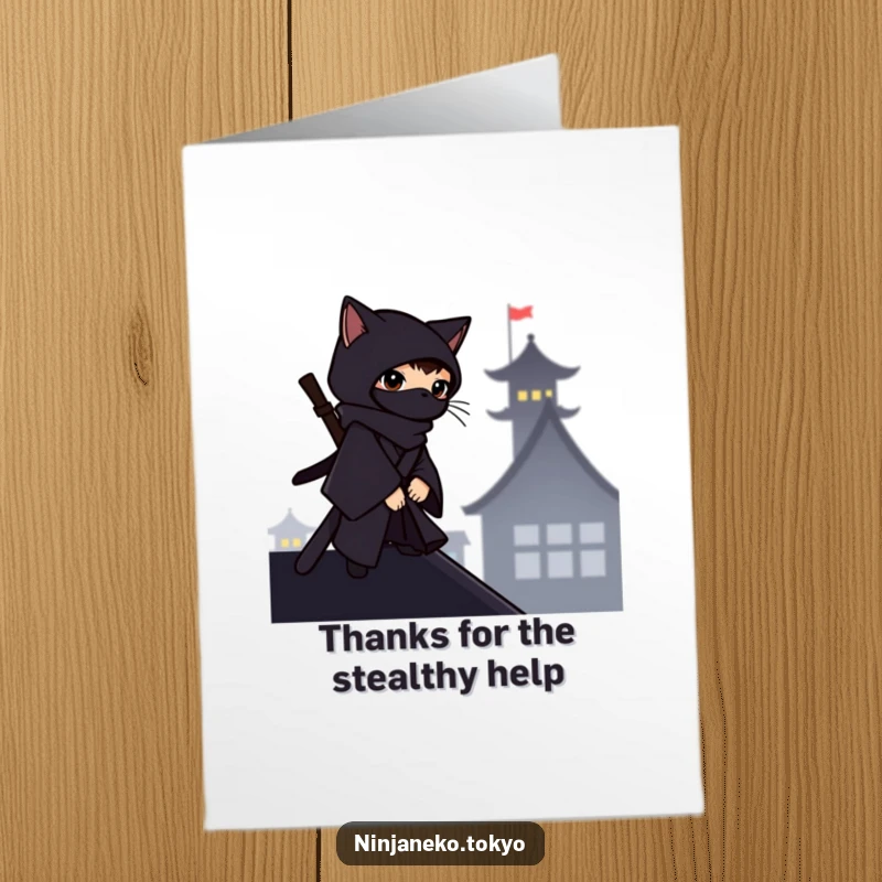 Funny Free Printable Thank You Card: A ninja cat in a dark kimono observes from a rooftop silhouette.