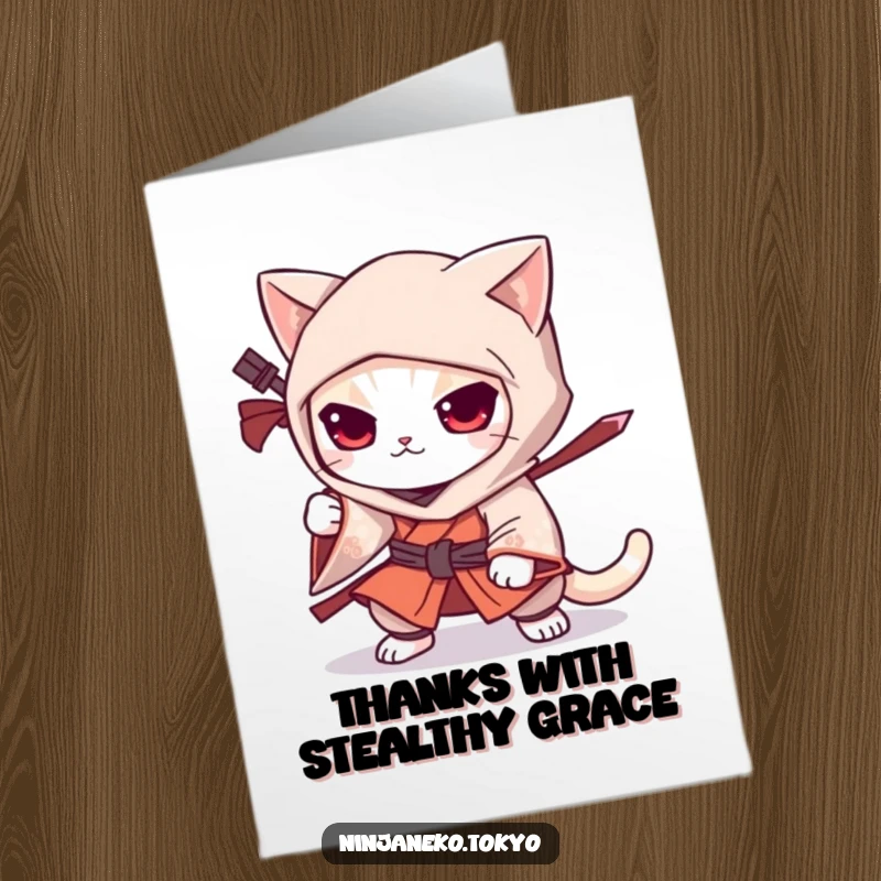 Free Printable Thank You Card: A ninja cat in a kimono crouches, ready to deliver thanks with stealth and humor.