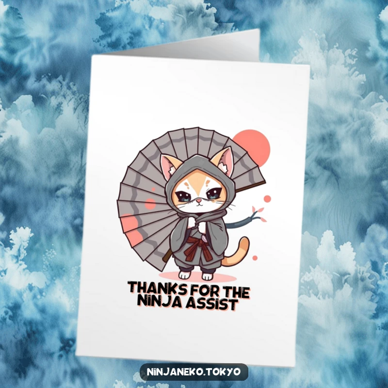 Funny Free Printable Thank You Card: A playful ninja cat in a kimono is cleverly hidden behind a large Japanese fan.