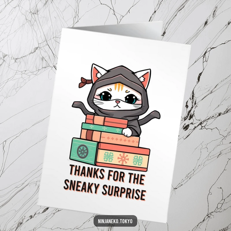 Funny Free Printable Thank You Card: A ninja cat playfully hiding behind stacked decorative boxes.