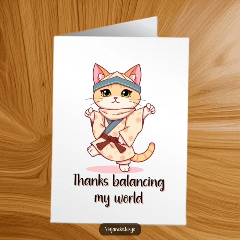 Free Printable Thank You Card: A ninja cat in a patterned kimono balances on one paw, offering thanks with humor and poise.