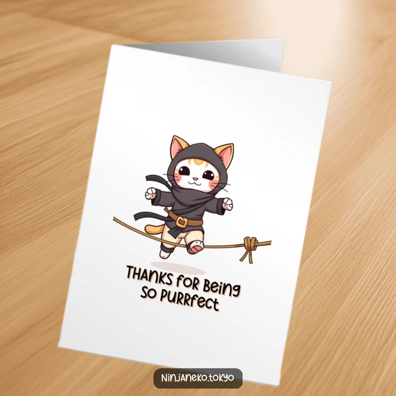Funny Free Printable Thank You Card: A ninja cat gracefully walking a tightrope, perhaps after a successful mission.