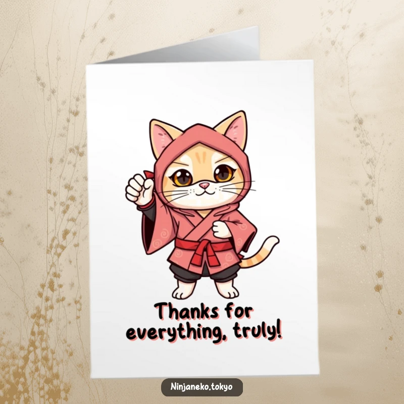 Funny Free Printable Ninja Cat Thank You Card: A festive ninja cat in a kimono strikes a confident pose, offering a respectful bow.