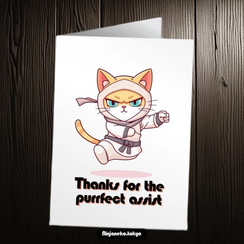 Funny Free Printable Thank You Card: Agile ninja cat executing a powerful kick, conveying deep gratitude with a humorous twist.