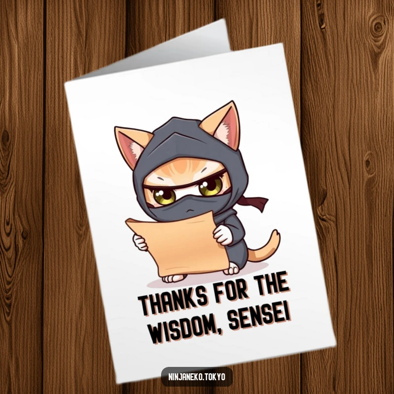 Funny Free Printable Thank You Card: A ninja cat focused on a small scroll, signifying important information.