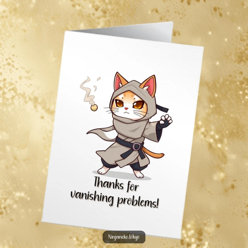 Funny Free Printable Ninja Cat Thank You Card: A ninja cat in a flowing kimono holds a smoking pellet, ready to deliver thanks.