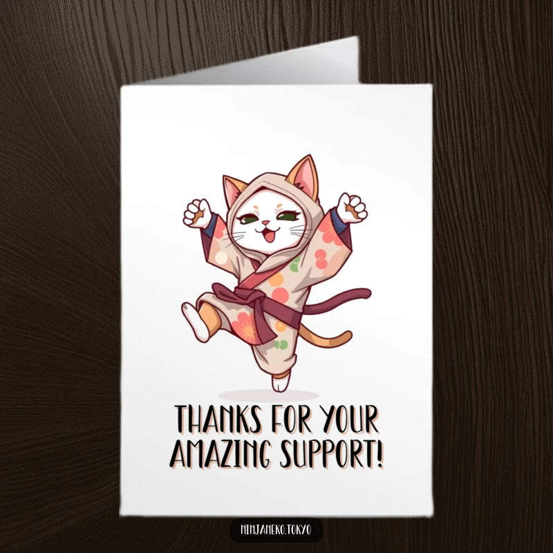 Funny Free Printable Ninja Cat Thank You Card: A kimono-clad ninja cat mid-somersault, expressing thanks with playful energy.