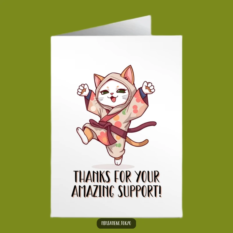 Free Printable Ninja Cat Thank You Card: Grateful Acrobat Feline Downloadable Gift Idea