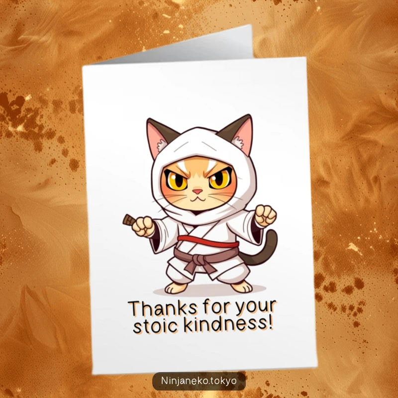 Funny Free Printable Ninja Cat Thank You Card: A determined ninja cat in a kimono holds a strong defensive pose, conveying thanks.