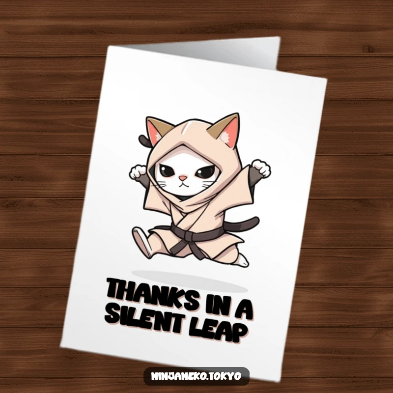 Free Printable Thank You Card: A ninja cat in a stealthy kimono performs a silent leap, conveying thanks with energetic humor.