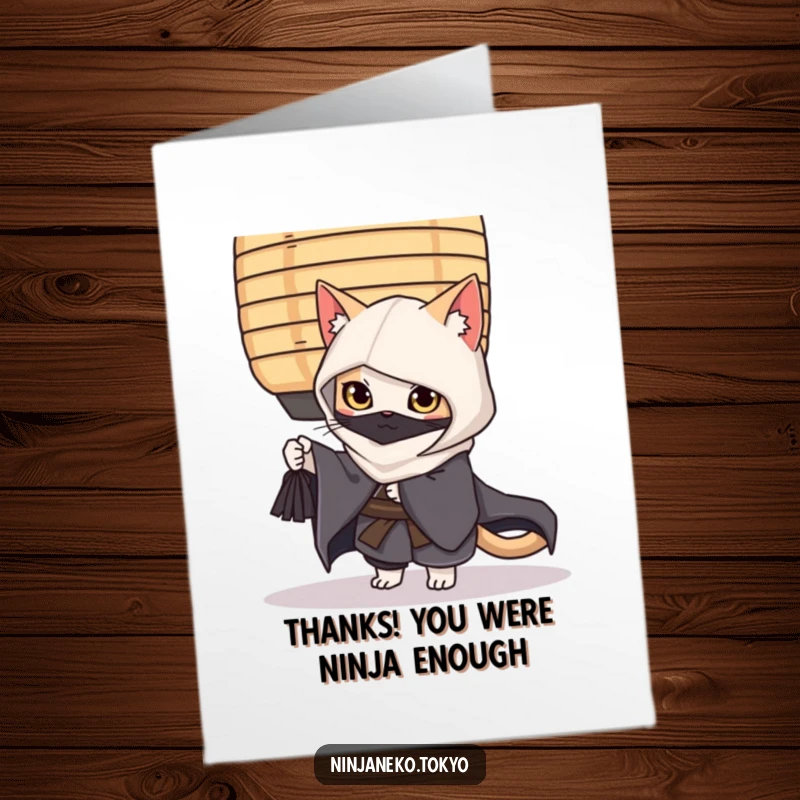 Funny Free Printable Ninja Cat Thank You Card with a grateful cat in a kimono offering thanks.