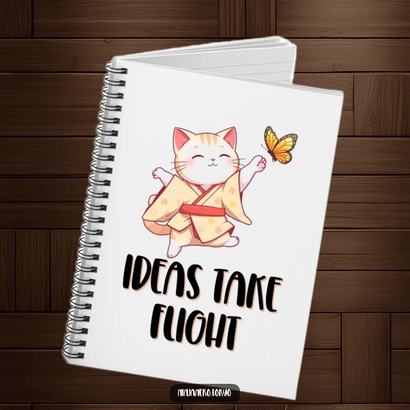 Funny Cat Notebook: A graceful cat in a kimono leaps mid-air for a butterfly, perfect for jotting down elegant and funny thoughts.