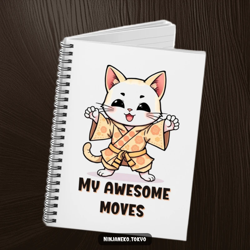Funny happy cat in a kimono, practicing ninja kicks, ideal for jotting down energetic ideas in this notebook.