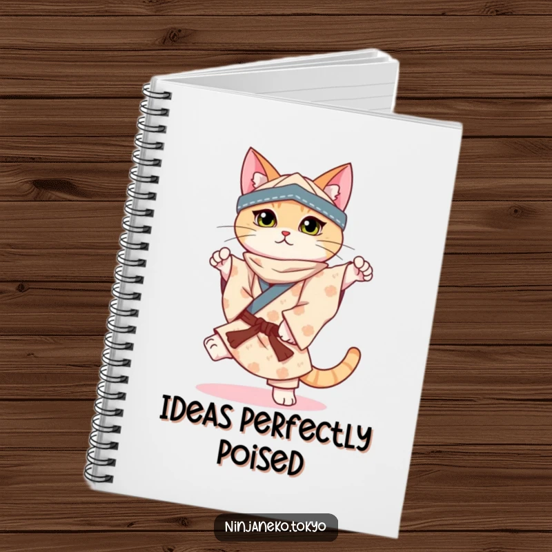 Funny notebook featuring a ninja cat in a patterned kimono perfectly balancing on one paw, perfect for note-taking.