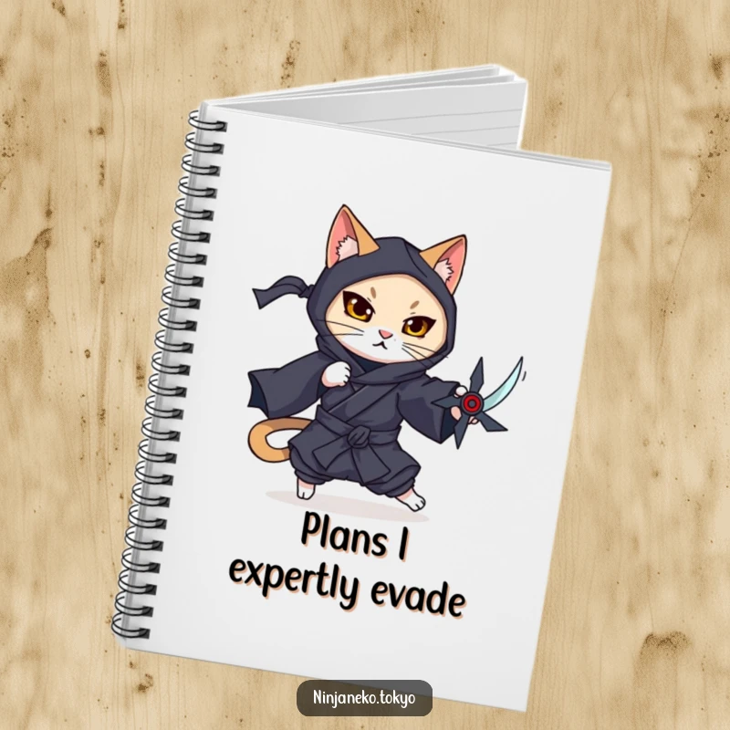 Funny notebook featuring a ninja cat in a dark kimono gracefully dodging imaginary threats, perfect for note-taking.