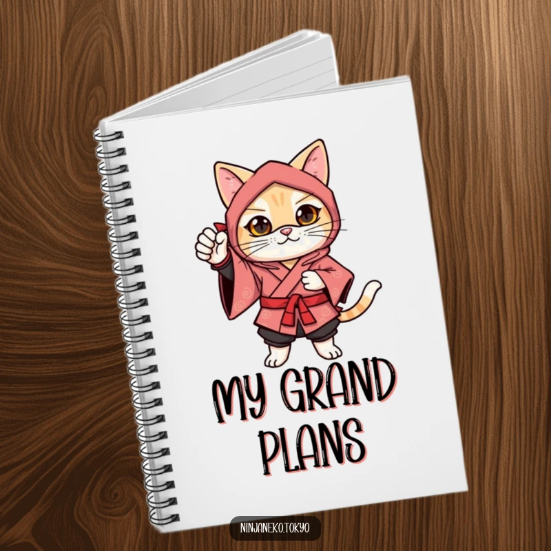 Funny ninja cat in a festive kimono striking a confident pose with one paw raised, inspiring confidence on this notebook.