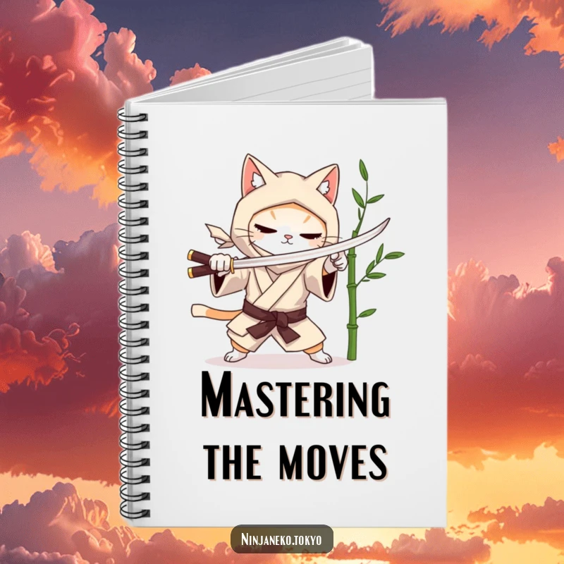Funny notebook featuring a ninja cat in a kimono practicing sword fighting with a bamboo stalk. Ideal for notes and ideas. Great funny gift.