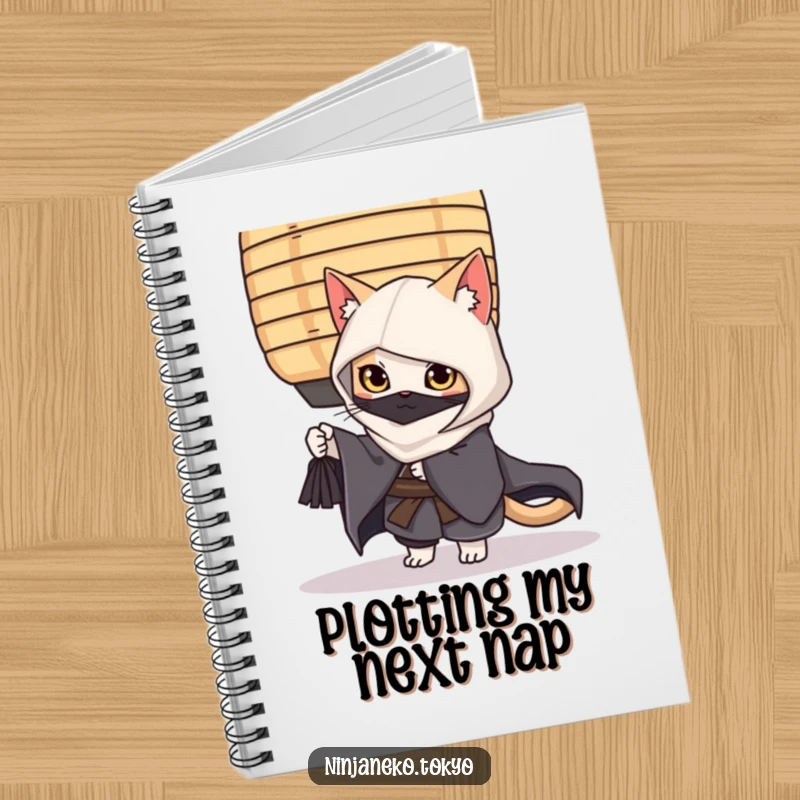 Funny ninja cat in a kimono peeking from behind a paper lantern, perfect for jotting down humorous thoughts in this notebook.