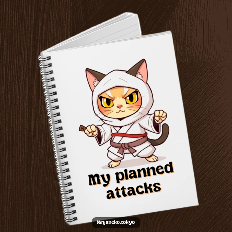 Funny ninja cat in a traditional kimono striking a strong defensive pose, inspiring focus on this warrior notebook.