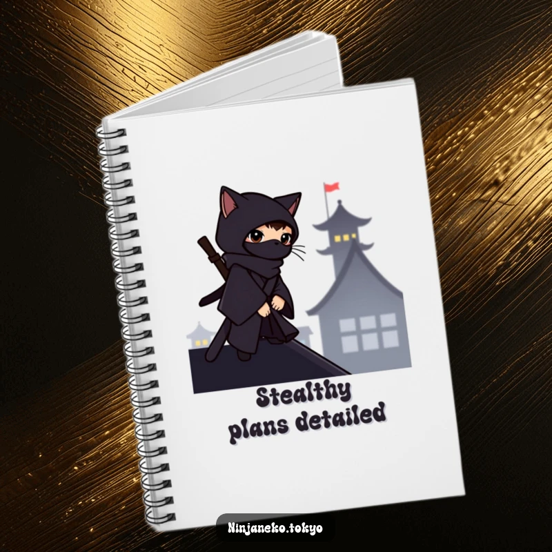 Funny ninja cat in a dark kimono on a rooftop silhouette, on a notebook cover, inspiring humorous secret plans.