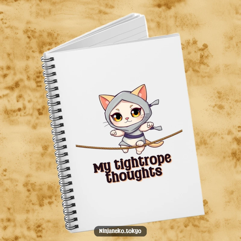 Funny notebook featuring a ninja cat with alert eyes balancing on a thin rope. Ideal for notes and ideas. Great funny gift.