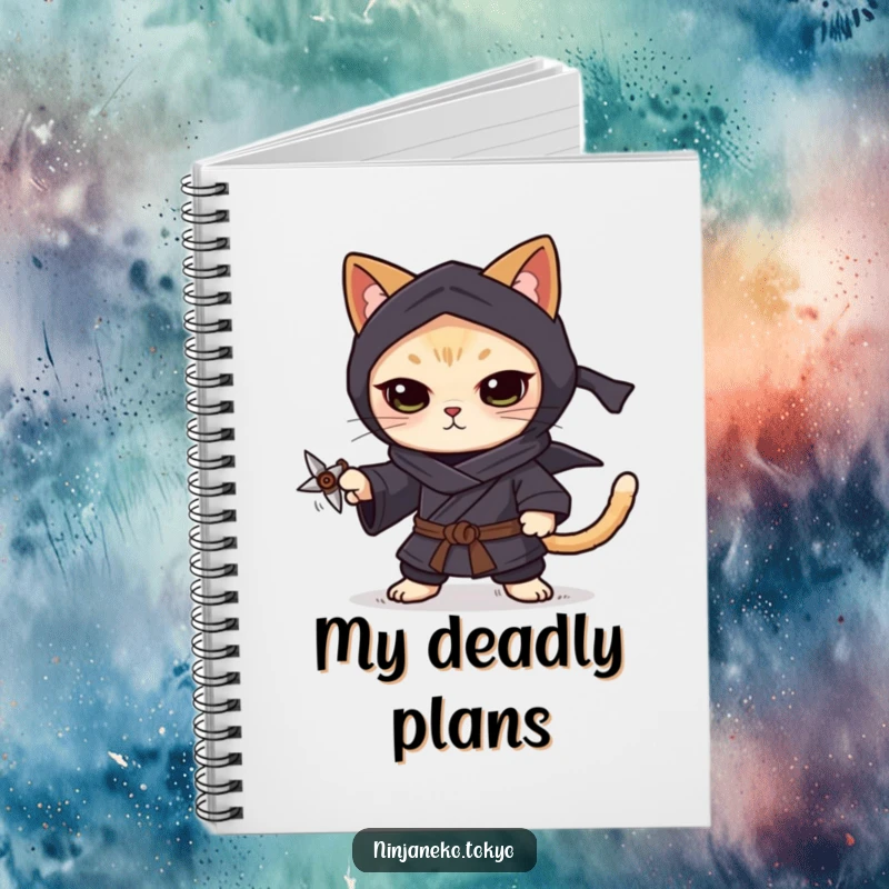 Funny ninja cat in a dark kimono, balancing a tiny shuriken on its paw, perfect for jotting down focused thoughts in this notebook.