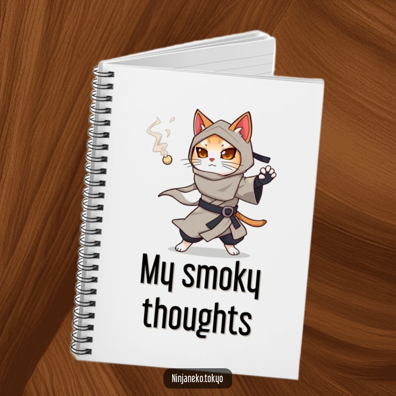 Funny ninja cat in a flowing kimono preparing to throw a smoking pellet, inspiring stealth on this notebook.