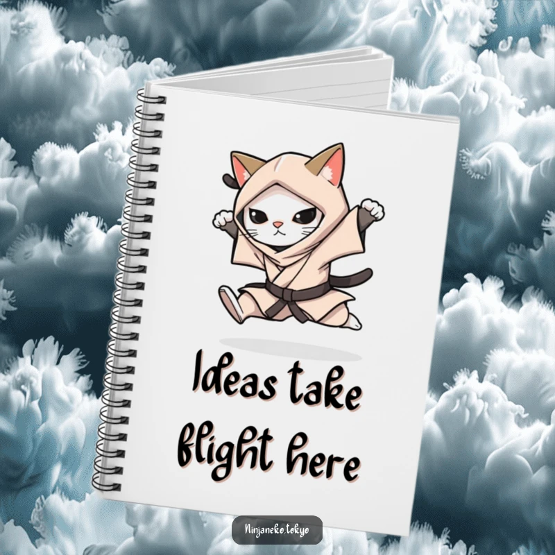 Funny notebook featuring a ninja cat in a stealthy kimono performing a silent leap, perfect for capturing dynamic ideas.