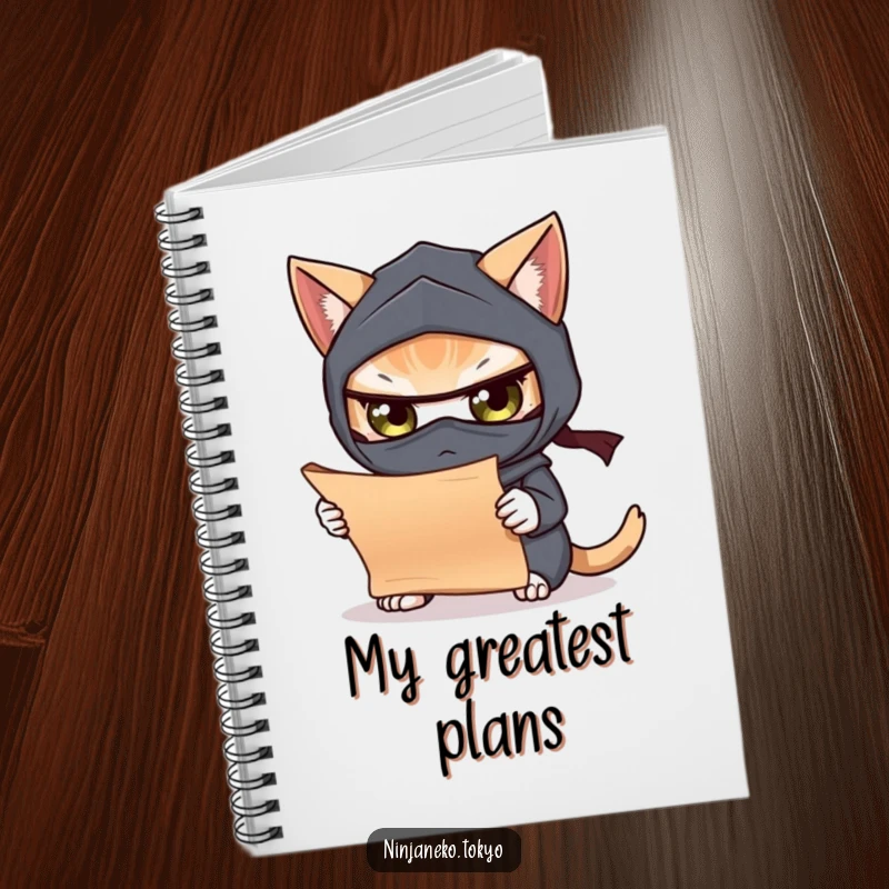 Funny notebook featuring a curious ninja cat examining a scroll, perfect for jotting down notes and research with a humorous touch.