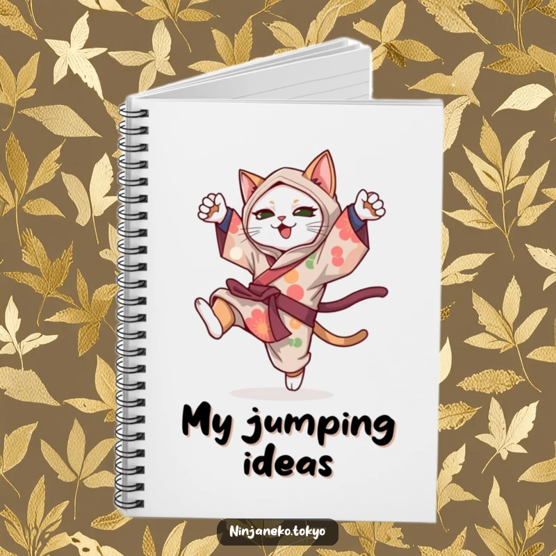 Funny ninja cat in a colorful kimono executing a playful somersault, inspiring creativity on this humorous notebook.