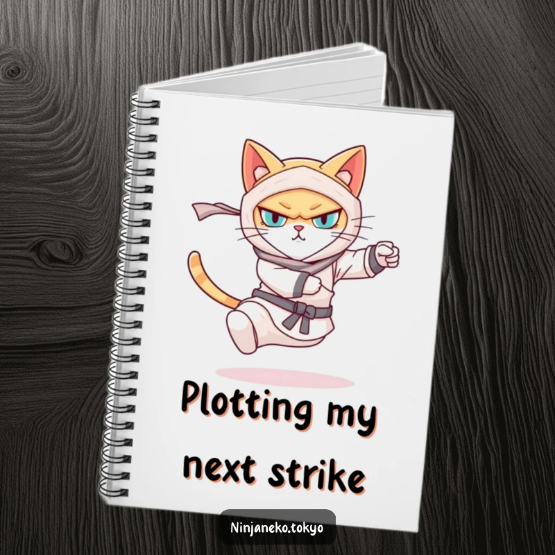 Funny notebook featuring a determined ninja cat in a kicking pose, encouraging creative writing and note-taking with humor. Great funny gift.