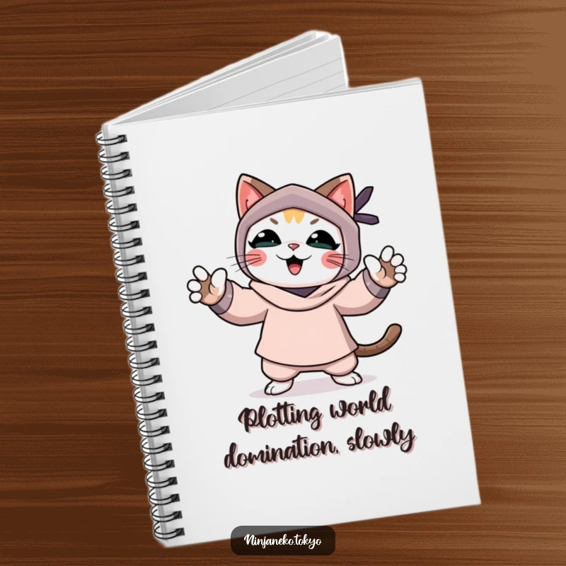 Funny notebook cover showing a victorious ninja cat with paws up, celebrating a successful pretend mission, ready for notes.