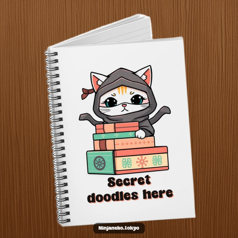 Funny notebook featuring a mischievous ninja cat hiding behind decorative boxes, perfect for jotting down notes with a humorous touch.