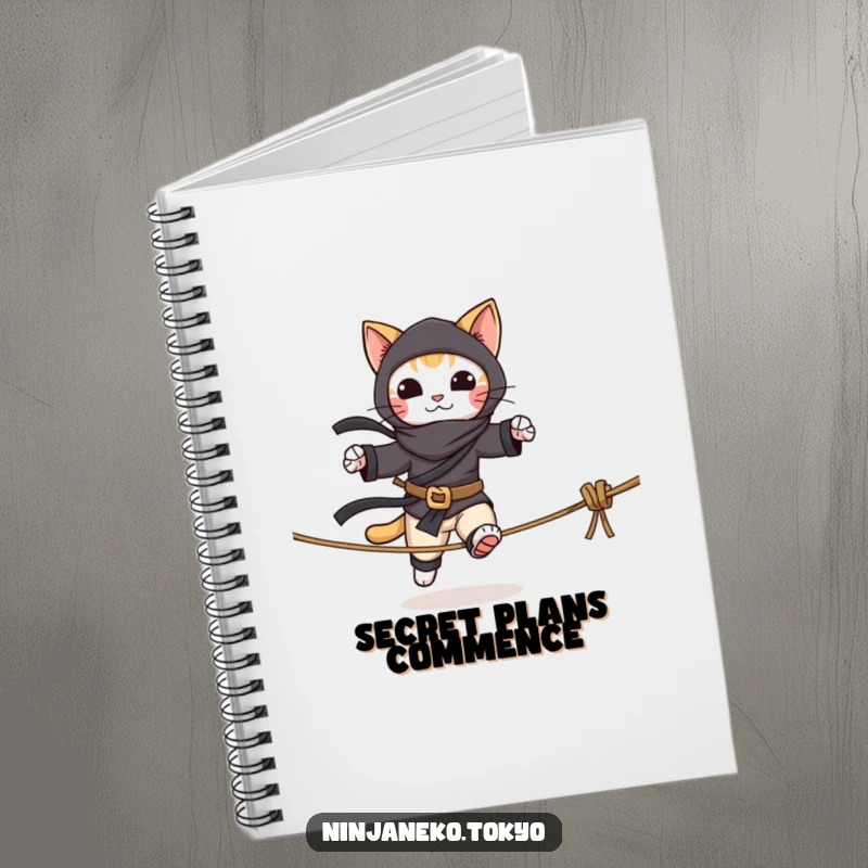 Funny notebook featuring a ninja cat balancing on a tightrope, ideal for jotting down notes and secret plans with a humorous touch.