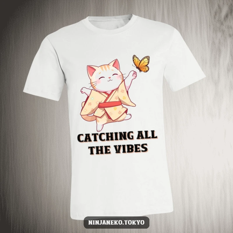 Funny Cat T-Shirt: A graceful cat in a traditional kimono leaps mid-air to catch a butterfly, showcasing elegant humor.