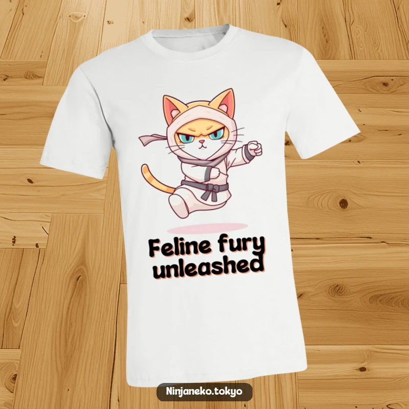 Funny t-shirt with a determined ninja cat executing a powerful hind leg kick, capturing intense action and humor. Ideal for gift-givers.