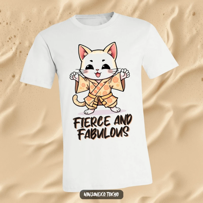 Funny happy cat wearing a brightly patterned kimono, enthusiastically practicing ninja kicks on this action-packed t-shirt.