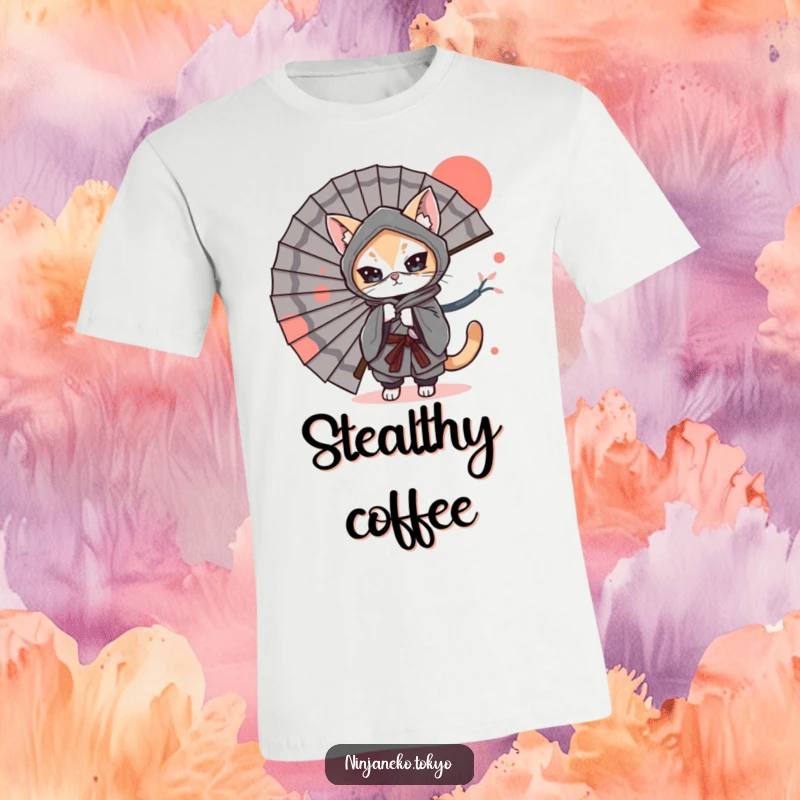 Funny T-Shirt: A sneaky cat dressed as a ninja in a kimono hides behind a large Japanese fan, ready for a humorous surprise.