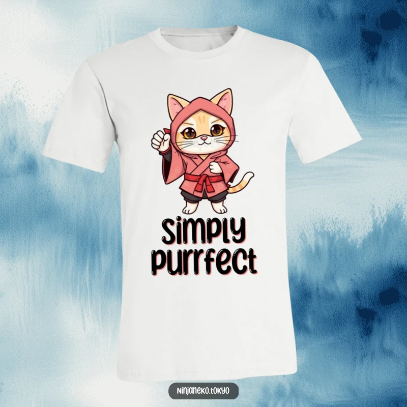 Funny ninja cat in a festive kimono striking a confident pose with one paw raised in a bow, on this t-shirt.