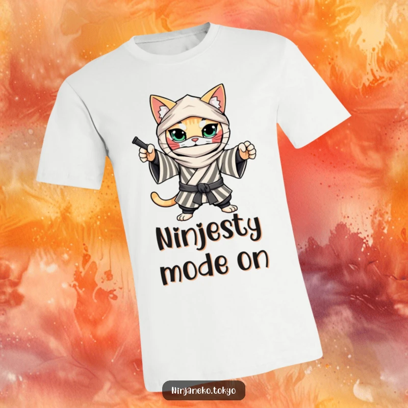 Funny Ninja Cat T-Shirt: A cool cat in a striped kimono strikes a determined ninja pose, showcasing stealthy humor.